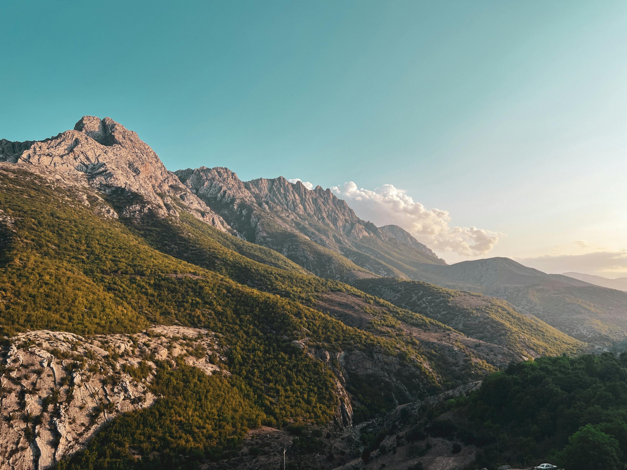 A breathtaking aerial view of towering mountains and lush green forests under a clear sky.